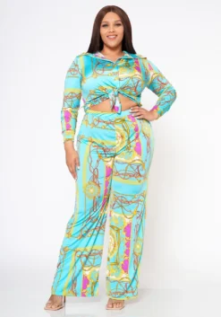 Plus Size Brocade Print Collar Top & Flare Pants Set -Asoph Fashion Shop 2022562 001 4