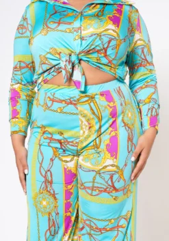 Plus Size Brocade Print Collar Top & Flare Pants Set -Asoph Fashion Shop 2022562 001 5