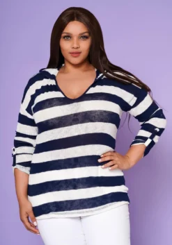 Plus Size Striped Hooded Knit Top