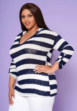 Plus Size Striped Hooded Knit Top -Asoph Fashion Shop 2022570 001 3