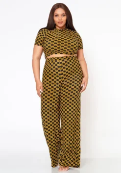 Plus Size Lavish CC Print Crop Top & Dress Pants Set
