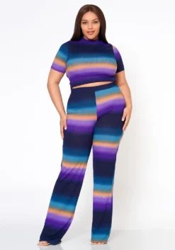 Plus Size Gradient Color Print Crop Top & Ribbed Pants Set