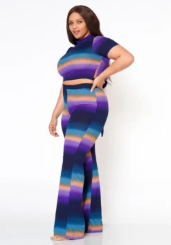 Plus Size Gradient Color Print Crop Top & Ribbed Pants Set -Asoph Fashion Shop 2022574 002 2