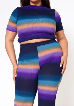 Plus Size Gradient Color Print Crop Top & Ribbed Pants Set -Asoph Fashion Shop 2022574 002 4