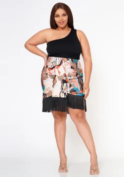 Plus Size High Waist Multi Print Fringe Hem Skirt