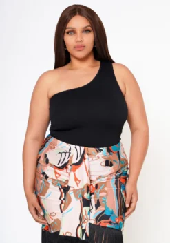 Plus Size Ribbed Knit One Sleeve Bodysuit