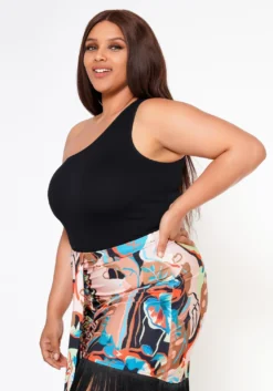 Plus Size Ribbed Knit One Sleeve Bodysuit -Asoph Fashion Shop 2022592 001 2