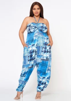 Plus Size Patchwork Denim Print Harem Jumpsuit