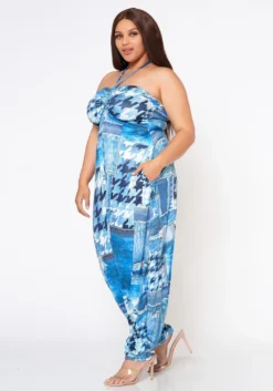 Plus Size Patchwork Denim Print Harem Jumpsuit -Asoph Fashion Shop 2022595 001 3