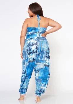Plus Size Patchwork Denim Print Harem Jumpsuit -Asoph Fashion Shop 2022595 001 4