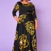 Plus Size Golden Floral Print Fit & Flare Maxi Dress