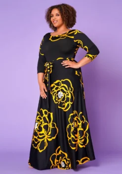 Plus Size Golden Floral Print Fit & Flare Maxi Dress -Asoph Fashion Shop 2022613 001 2