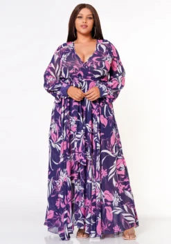 Plus Size Floral Leaf Pattern Fit & Flare Maxi Dress
