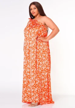 Plus Size One Shoulder Floral Print Maxi Dress -Asoph Fashion Shop 2022618 001 3