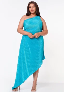 Plus Size Pleated Asymmetric One Sleeve Dress