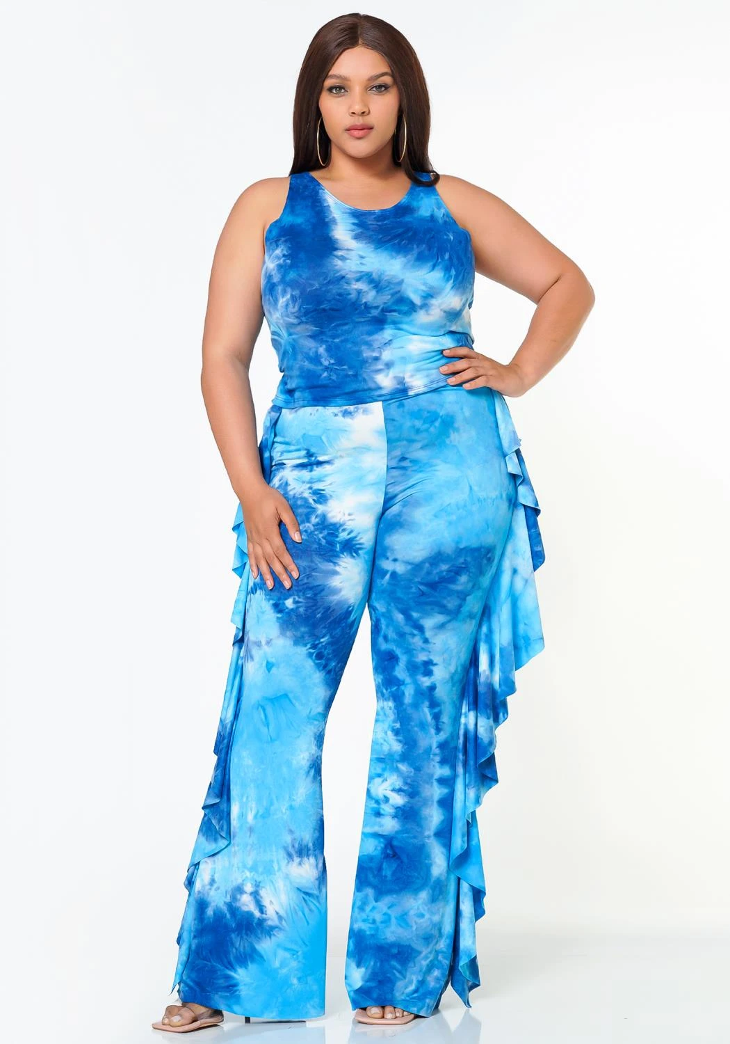 Plus Size Tie Dye Racerback Top & Ruffle Trim Pants Set 2 Plus Size Tie Dye Racerback Top & Ruffle Trim Pants Set - Image 2