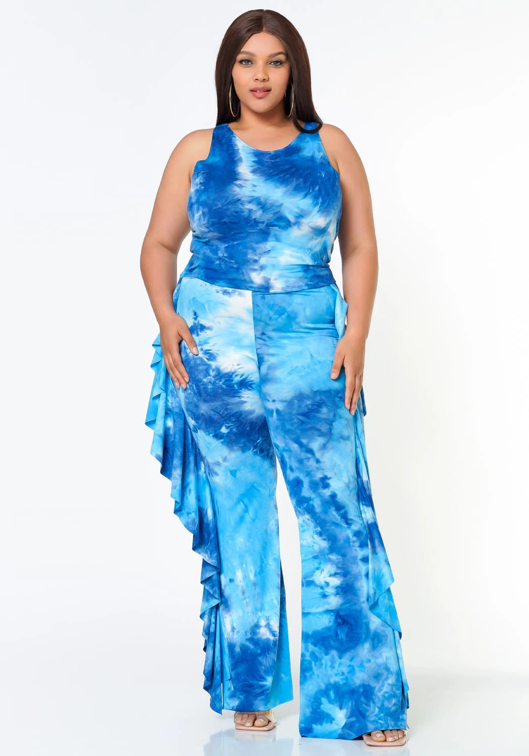 Plus Size Tie Dye Racerback Top & Ruffle Trim Pants Set 3 Plus Size Tie Dye Racerback Top & Ruffle Trim Pants Set - Image 3