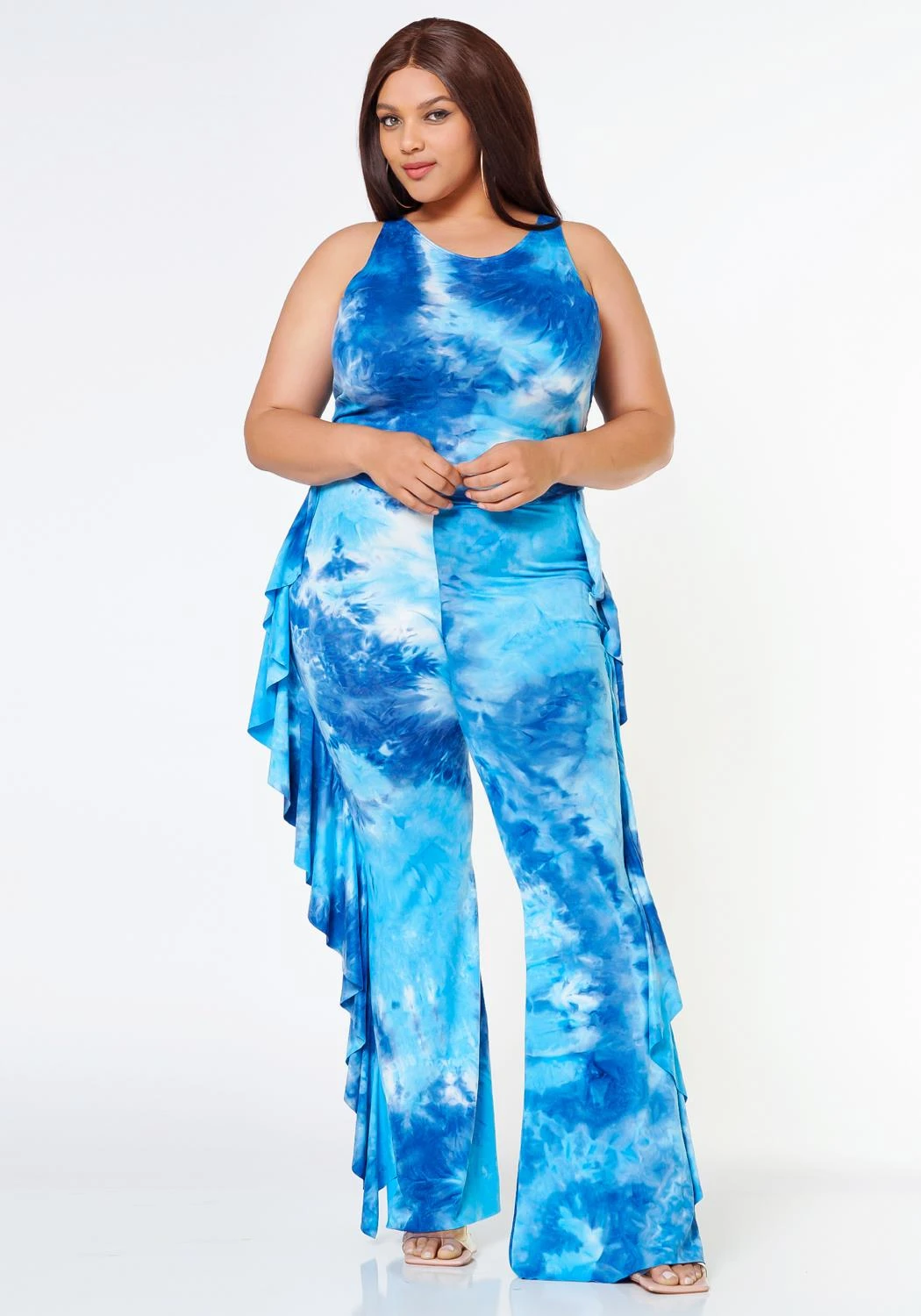Plus Size Tie Dye Racerback Top & Ruffle Trim Pants Set 1 Plus Size Tie Dye Racerback Top & Ruffle Trim Pants Set