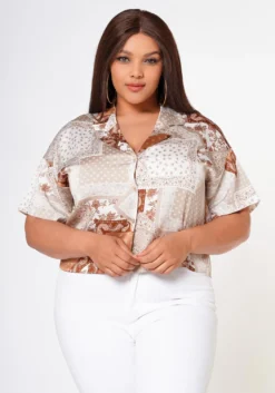 Plus Size Satin Bandana Patchwork Shirt