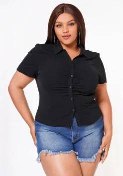 Plus Size Collar Neck Button Front Fitted Top
