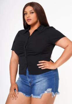 Plus Size Collar Neck Button Front Fitted Top -Asoph Fashion Shop 2022631 001 2