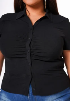 Plus Size Collar Neck Button Front Fitted Top -Asoph Fashion Shop 2022631 001 4