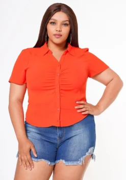 Plus Size Collar Neck Button Front Fitted Top