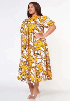 Plus Size Multi Print Bow Collar Flare Dress -Asoph Fashion Shop 2022632 001 3