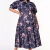 Plus Size Floral Chainlink Print Bow Collar Flare Dress
