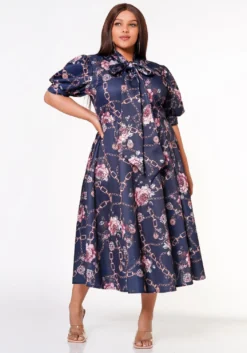 Plus Size Floral Chainlink Print Bow Collar Flare Dress