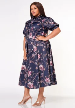 Plus Size Floral Chainlink Print Bow Collar Flare Dress -Asoph Fashion Shop 2022633 001 2