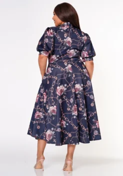 Plus Size Floral Chainlink Print Bow Collar Flare Dress -Asoph Fashion Shop 2022633 001 3