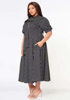 Plus Size Polka Dot Print Bow Collar Flare Dress -Asoph Fashion Shop 2022634 001 2