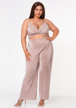Plus Size Pleated Twist Hem Cami Top & Flare Pants Set