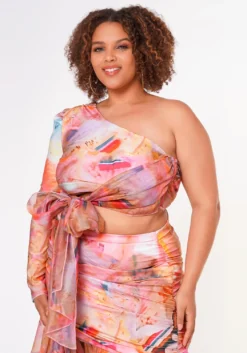 Plus Size Multi Print One Shoulder Crop Top