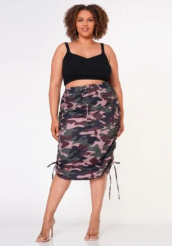 Plus Size Drawstring Side Camo Skirt