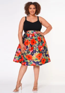 Plus Size Floral High Waist Flare Midi Skirt