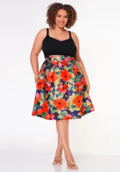 Plus Size Floral High Waist Flare Midi Skirt -Asoph Fashion Shop 2022652 001 2