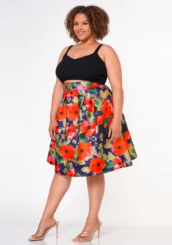 Plus Size Floral High Waist Flare Midi Skirt -Asoph Fashion Shop 2022652 001 4