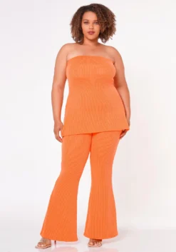 Plus Size Tube Top & Flare Leggings Ribbed Knit Set