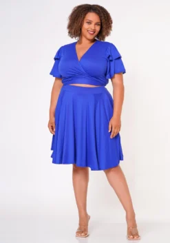 Plus Size Ruffle Sleeve Wrap Blouse & Flare Skirt Set