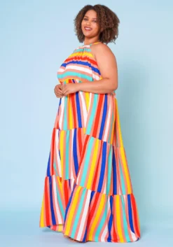 Plus Size Multi Stripe Halter Neck Flare Maxi Dress -Asoph Fashion Shop 2022668 002 3