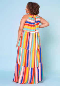 Plus Size Multi Stripe Halter Neck Flare Maxi Dress -Asoph Fashion Shop 2022668 002 4