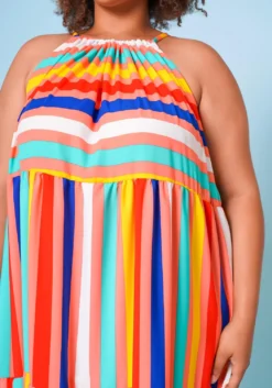 Plus Size Multi Stripe Halter Neck Flare Maxi Dress -Asoph Fashion Shop 2022668 002 5