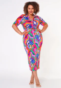 Plus Size Abstract Pattern Button Front Midi Dress