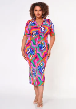 Plus Size Abstract Pattern Button Front Midi Dress -Asoph Fashion Shop 2022675 001 2