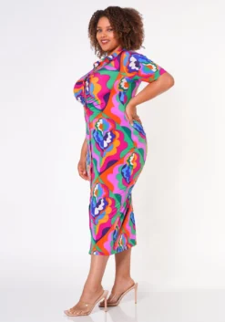 Plus Size Abstract Pattern Button Front Midi Dress -Asoph Fashion Shop 2022675 001 3