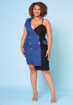 Plus Size Denim Combo Asymmetric Mini Dress
