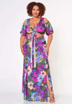 Plus Size Tie Front Surplice Top & Maxi Skirt Set