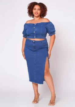 Plus Size Denim Off Shoulder Crop Top & Skirt Set -Asoph Fashion Shop 2022691 001 3